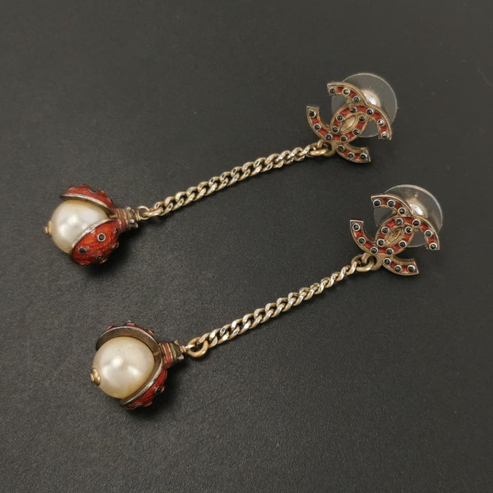 Chanel CC Logo Ladybug Faux Pearl Dangle Earrings