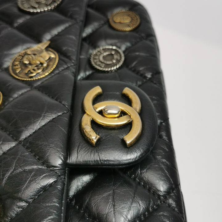 Chanel Aged Calfskin Quilted Medium Medallion Flap Black