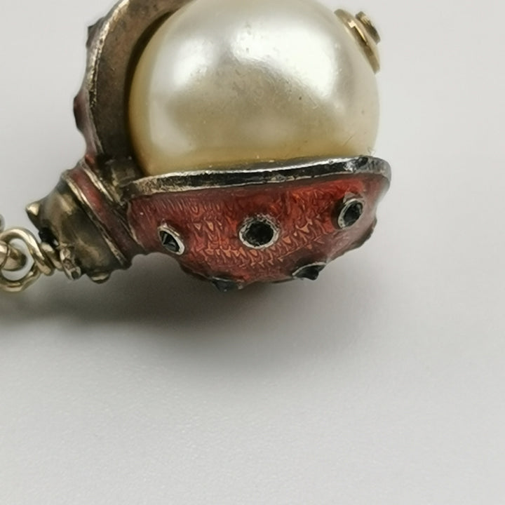 Chanel CC Logo Ladybug Faux Pearl Dangle Earrings