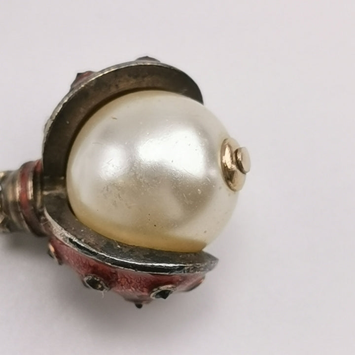 Chanel CC Logo Ladybug Faux Pearl Dangle Earrings