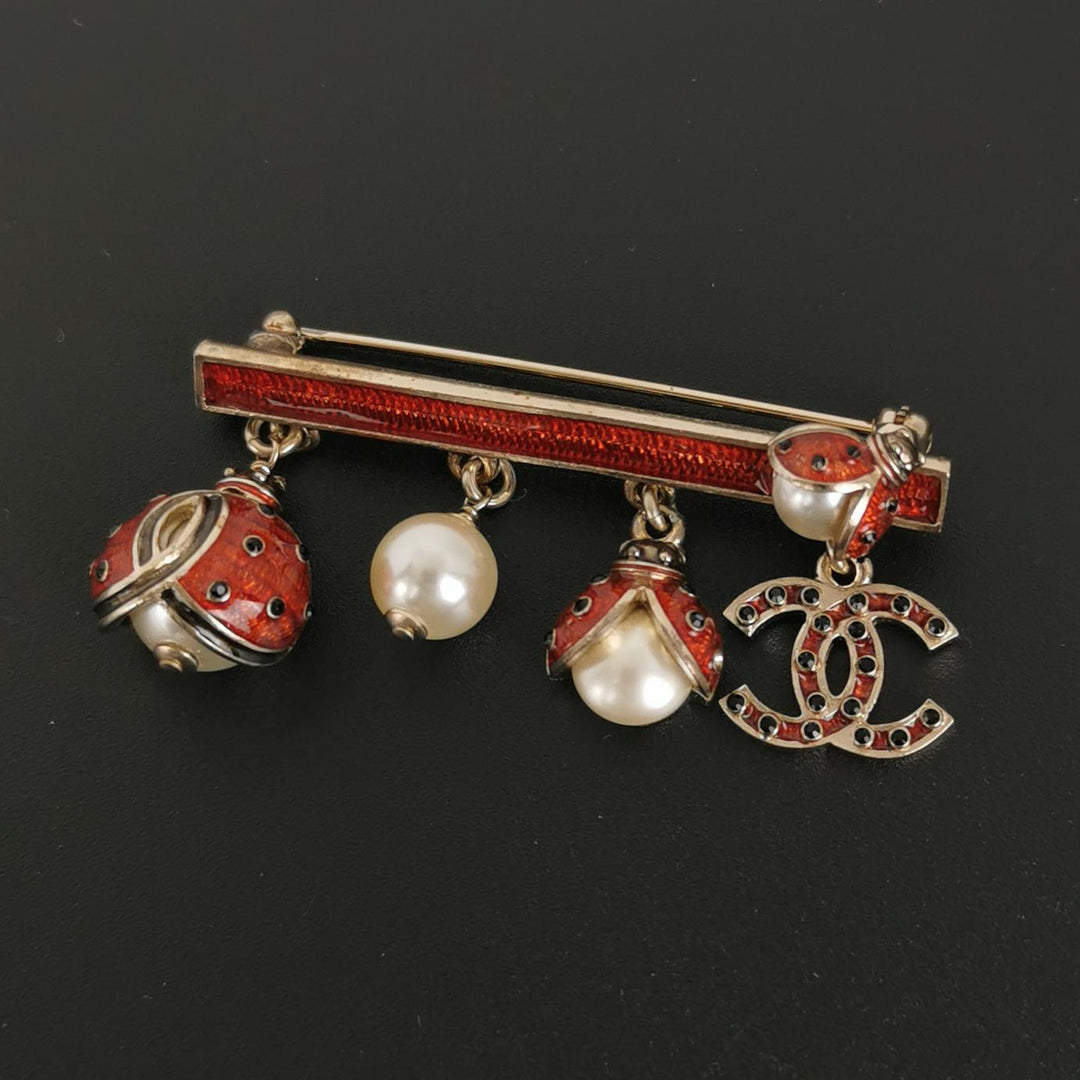 Chanel CC Logo Faux Pearl Ladybug Brooch
