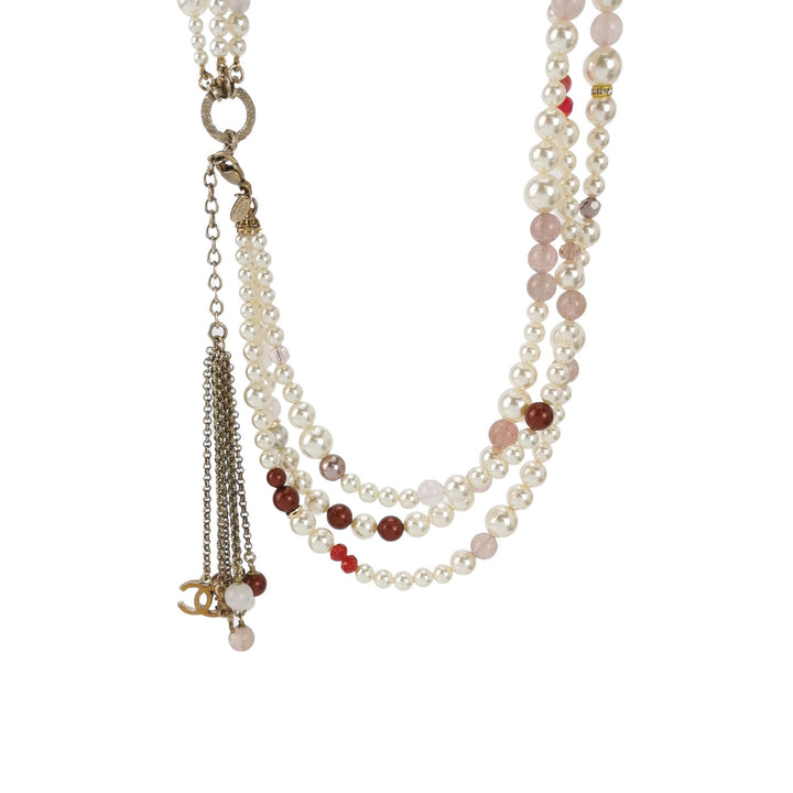 Chanel Pink Strass and Imitation Pearl CC Long Necklace