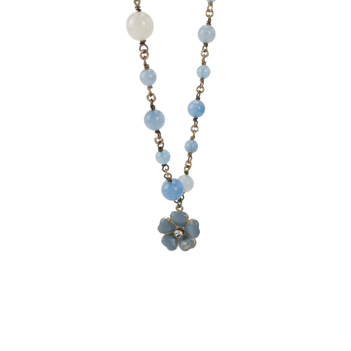 Chanel Blue White Beaded Necklace Flower Pendant