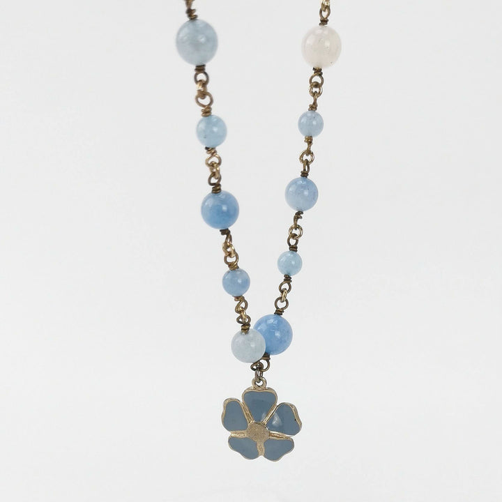 Chanel Blue White Beaded Necklace Flower Pendant