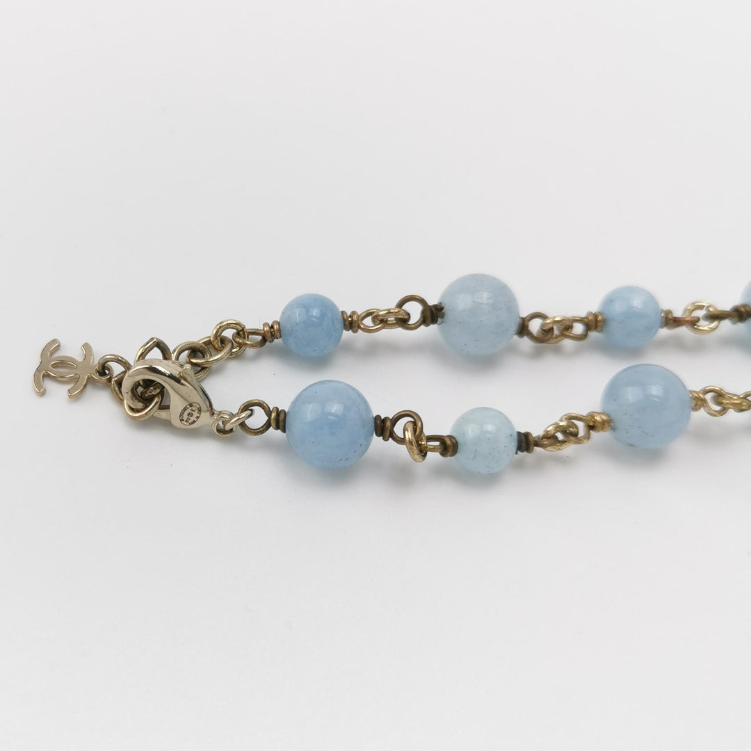 Chanel Blue White Beaded Necklace Flower Pendant