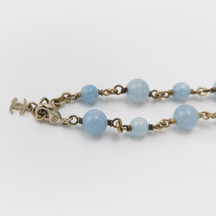 Chanel Blue White Beaded Necklace Flower Pendant