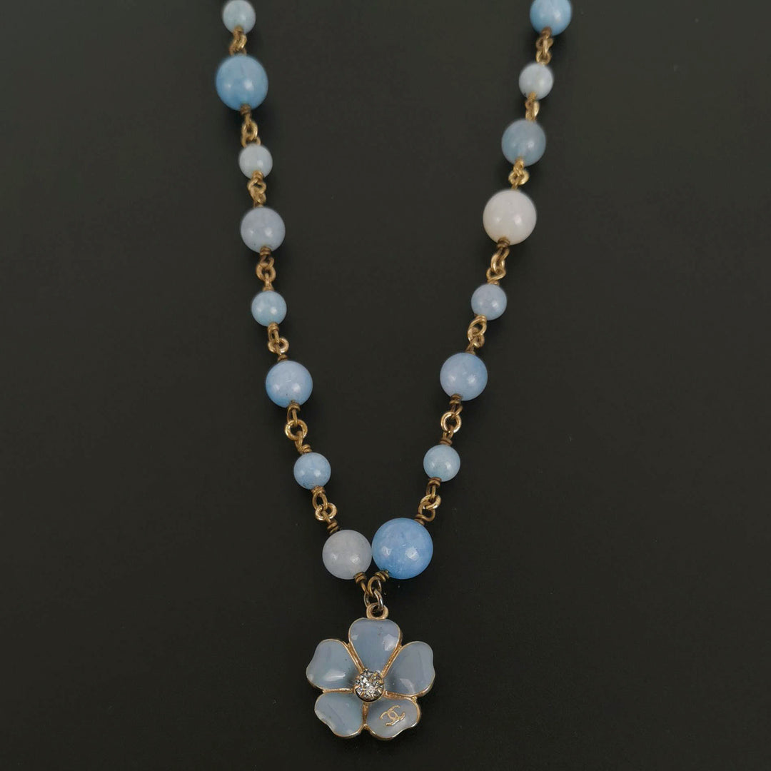 Chanel Blue White Beaded Necklace Flower Pendant
