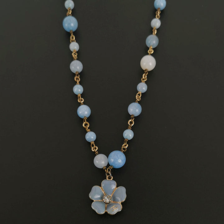 Chanel Blue White Beaded Necklace Flower Pendant