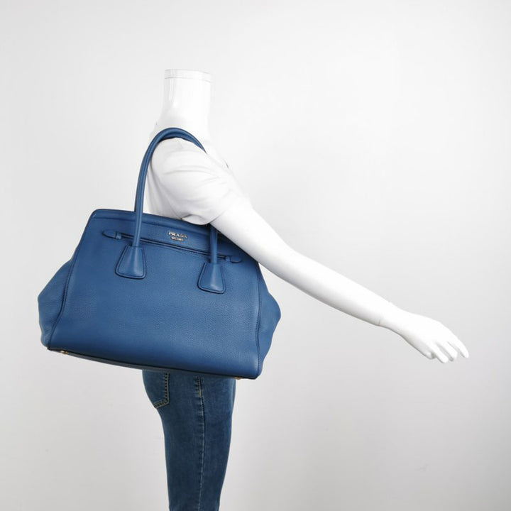 Prada Cuir Frame Convertible Tote Vitello Daino Blue Gold Hardware