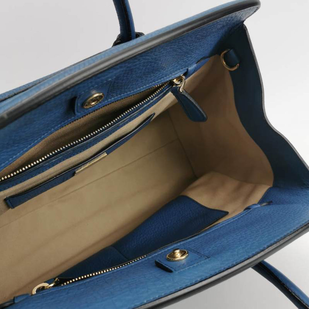 Prada Cuir Frame Convertible Tote Vitello Daino Blue Gold Hardware