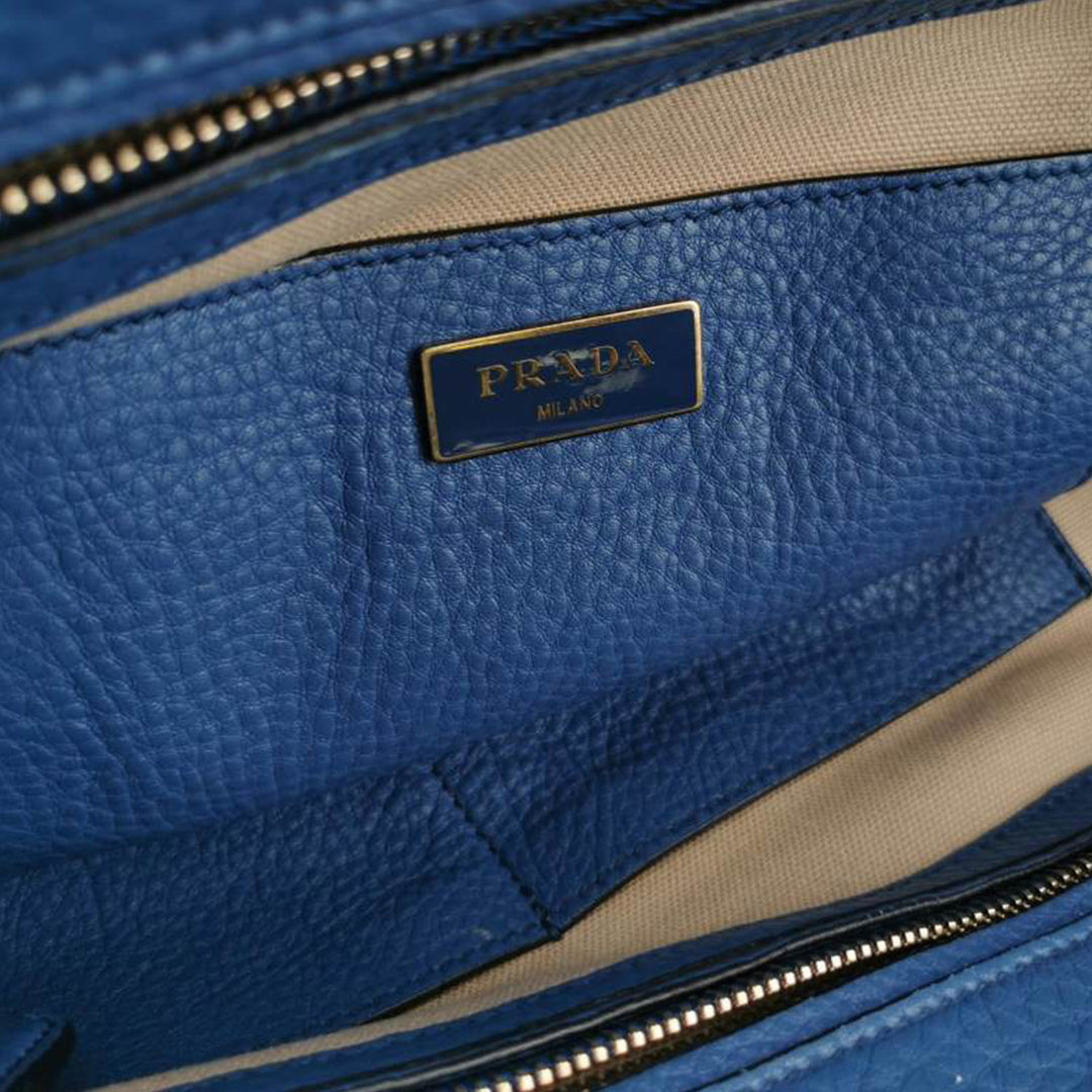 Prada Cuir Frame Convertible Tote Vitello Daino Blue Gold Hardware