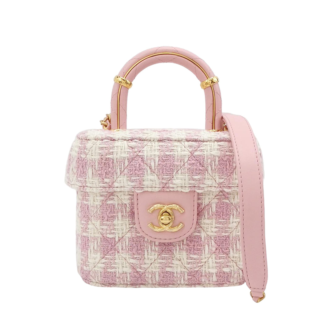 Chanel Crush Top Handle Flap Bag Quilted Pink Tweed Bag