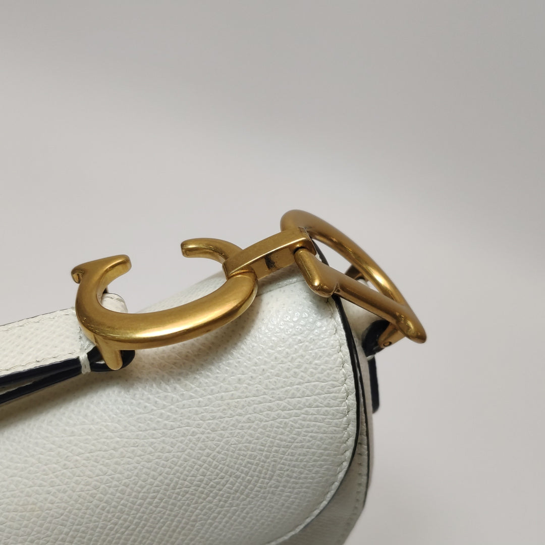 Dior Mini Saddle Handbag Leather In White Gold Hardware