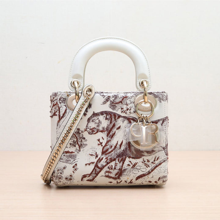 DIOR Off White/Burgundy Leather Mini Toile de Jouy Lady Tote