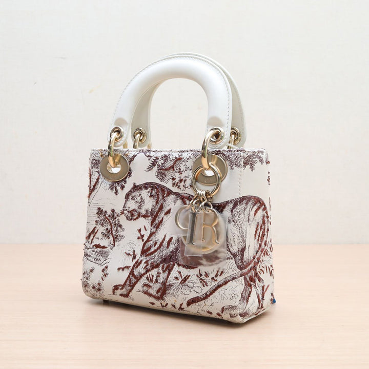 DIOR Off White/Burgundy Leather Mini Toile de Jouy Lady Tote