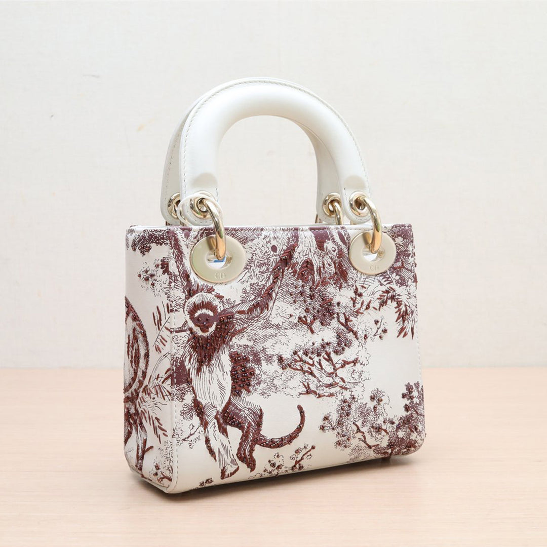 DIOR Off White/Burgundy Leather Mini Toile de Jouy Lady Tote