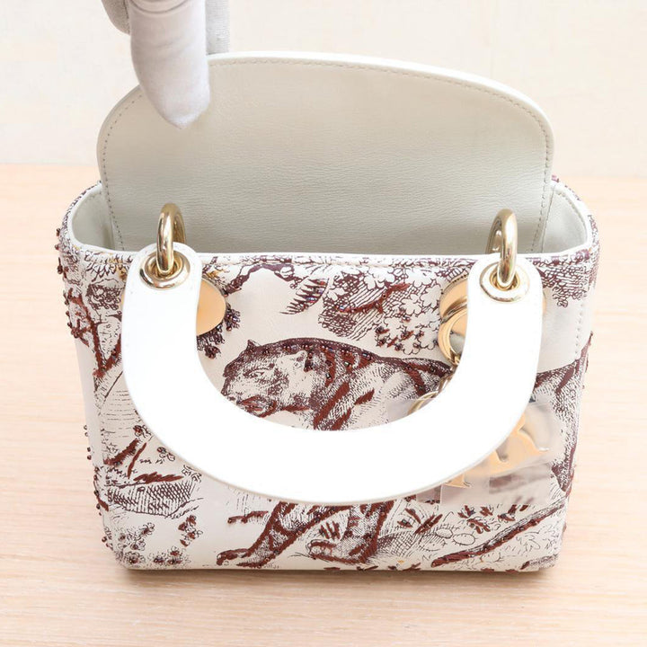 DIOR Off White/Burgundy Leather Mini Toile de Jouy Lady Tote