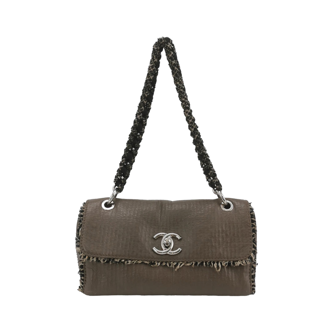 Chanel Single Flap In Grey Brown Leather And Tweed Bag