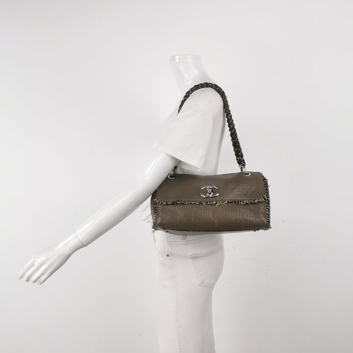 Chanel Single Flap In Grey Brown Leather And Tweed Bag