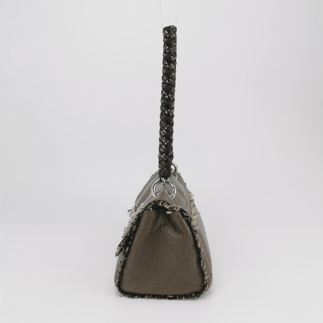 Chanel Single Flap In Grey Brown Leather And Tweed Bag