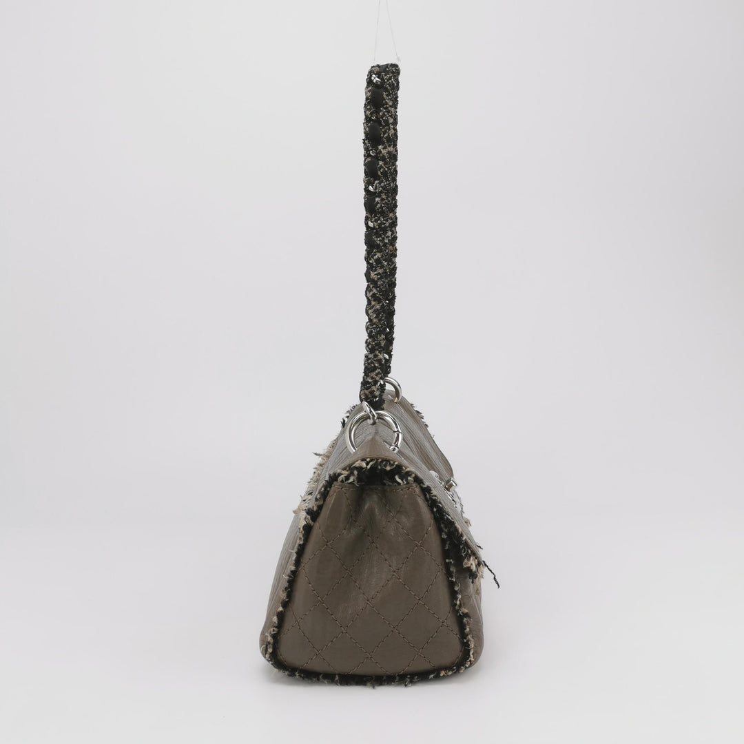 Chanel Single Flap In Grey Brown Leather And Tweed Bag