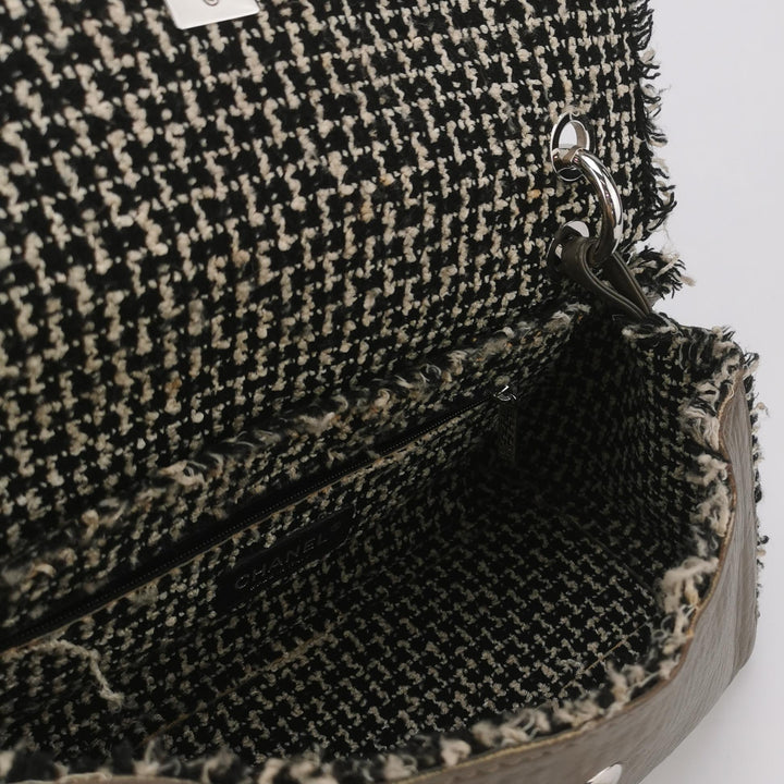 Chanel Single Flap In Grey Brown Leather And Tweed Bag