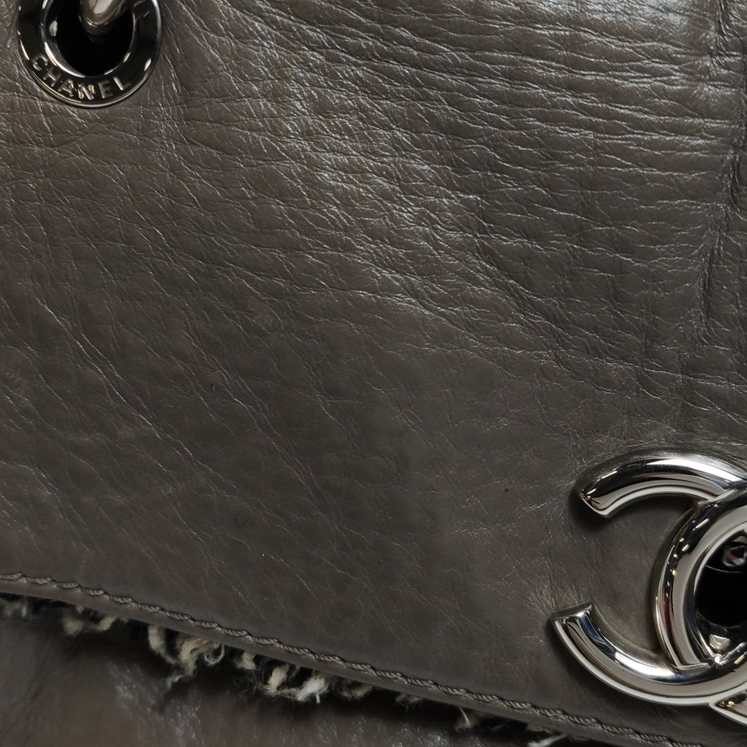 Chanel Single Flap In Grey Brown Leather And Tweed Bag