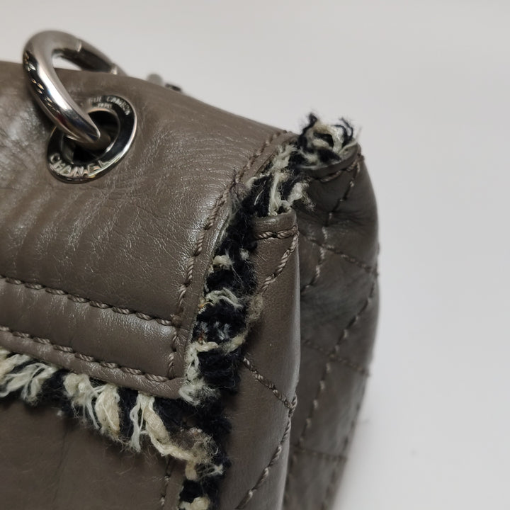 Chanel Single Flap In Grey Brown Leather And Tweed Bag