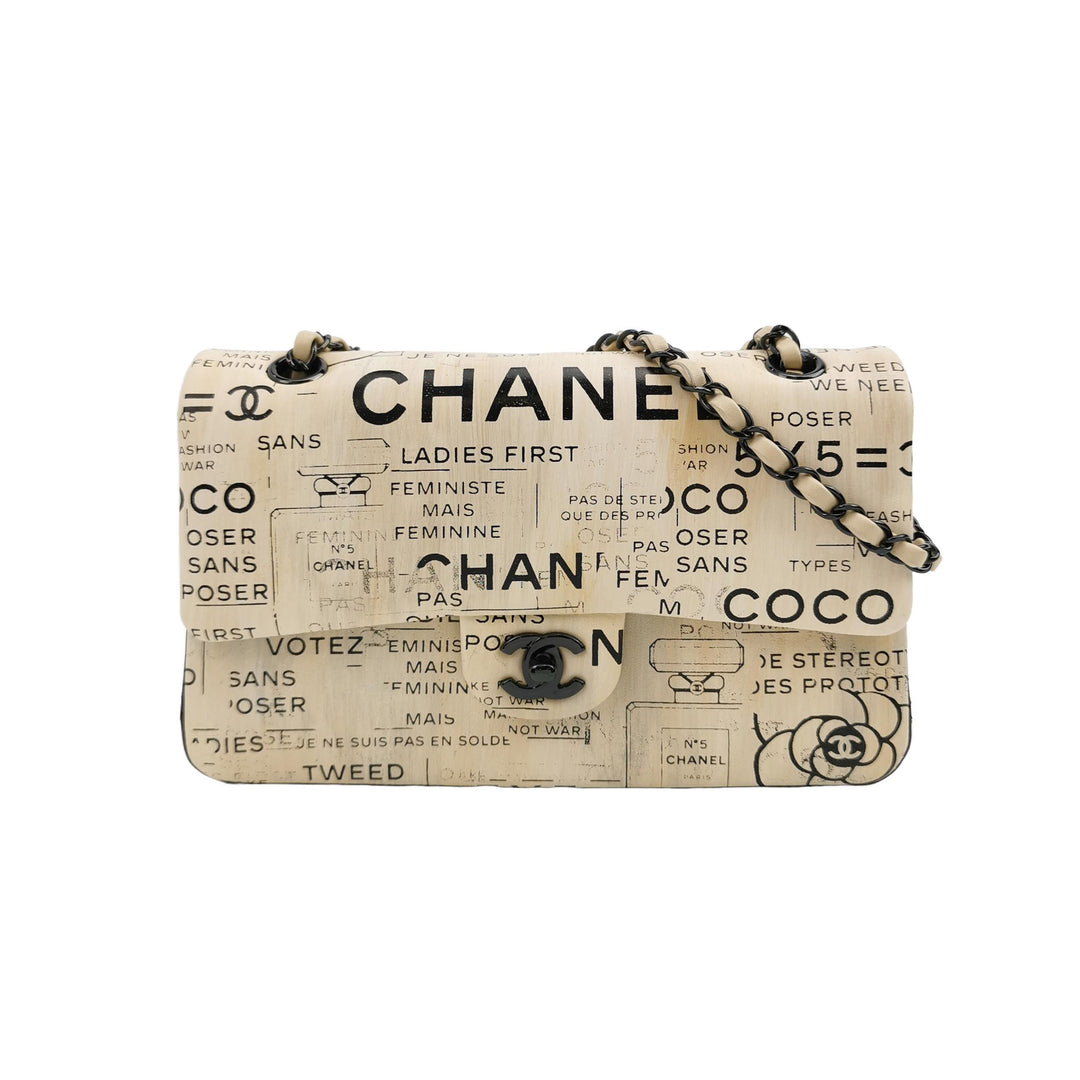 Chanel Medium Double Flap In Beige and Black Lambskin Newspaper Print Black Hardware