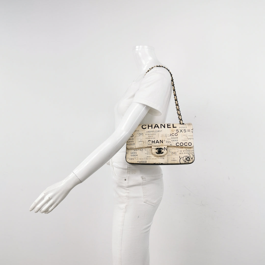 Chanel Medium Double Flap In Beige and Black Lambskin Newspaper Print Black Hardware