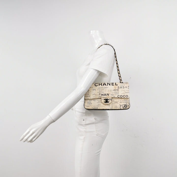 Chanel Medium Double Flap In Beige and Black Lambskin Newspaper Print Black Hardware