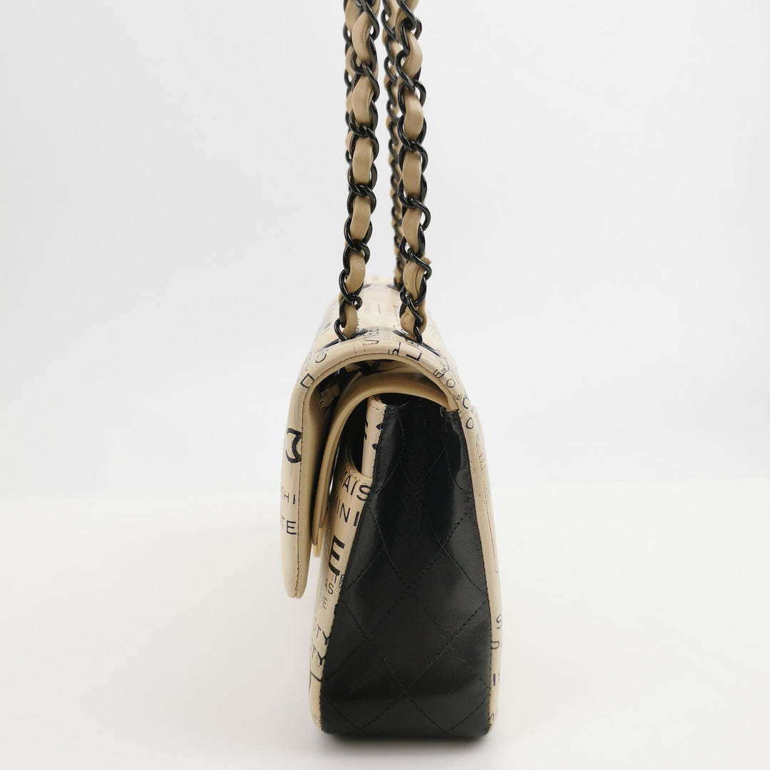 Chanel Medium Double Flap In Beige and Black Lambskin Newspaper Print Black Hardware