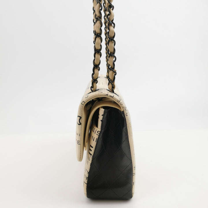 Chanel Medium Double Flap In Beige and Black Lambskin Newspaper Print Black Hardware