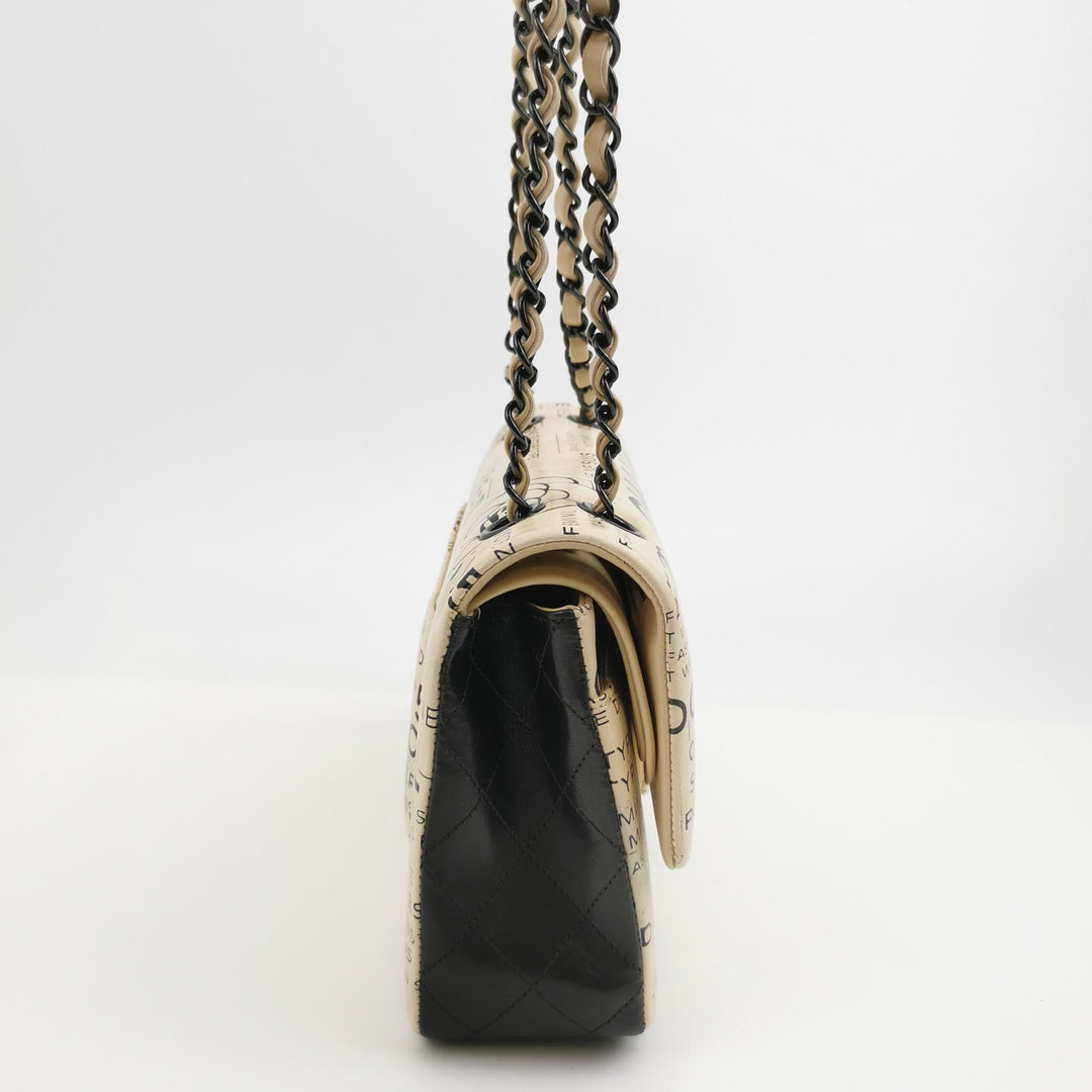 Chanel Medium Double Flap In Beige and Black Lambskin Newspaper Print Black Hardware