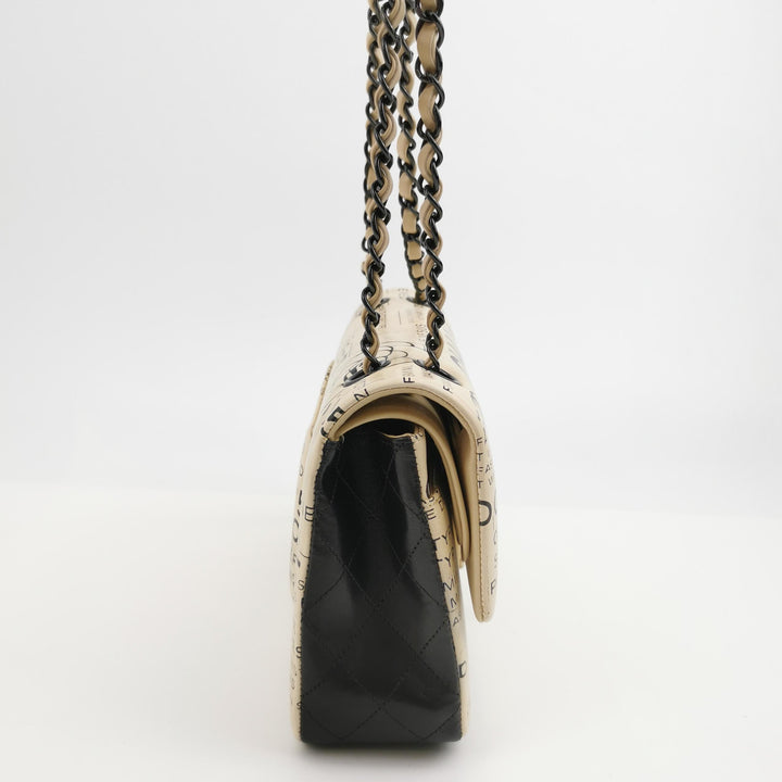 Chanel Medium Double Flap In Beige and Black Lambskin Newspaper Print Black Hardware