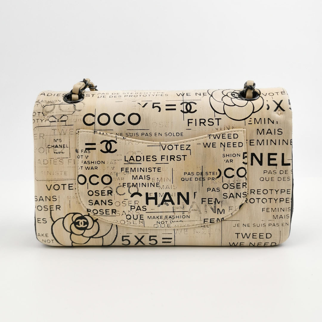 Chanel Medium Double Flap In Beige and Black Lambskin Newspaper Print Black Hardware