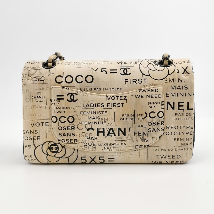 Chanel Medium Double Flap In Beige and Black Lambskin Newspaper Print Black Hardware