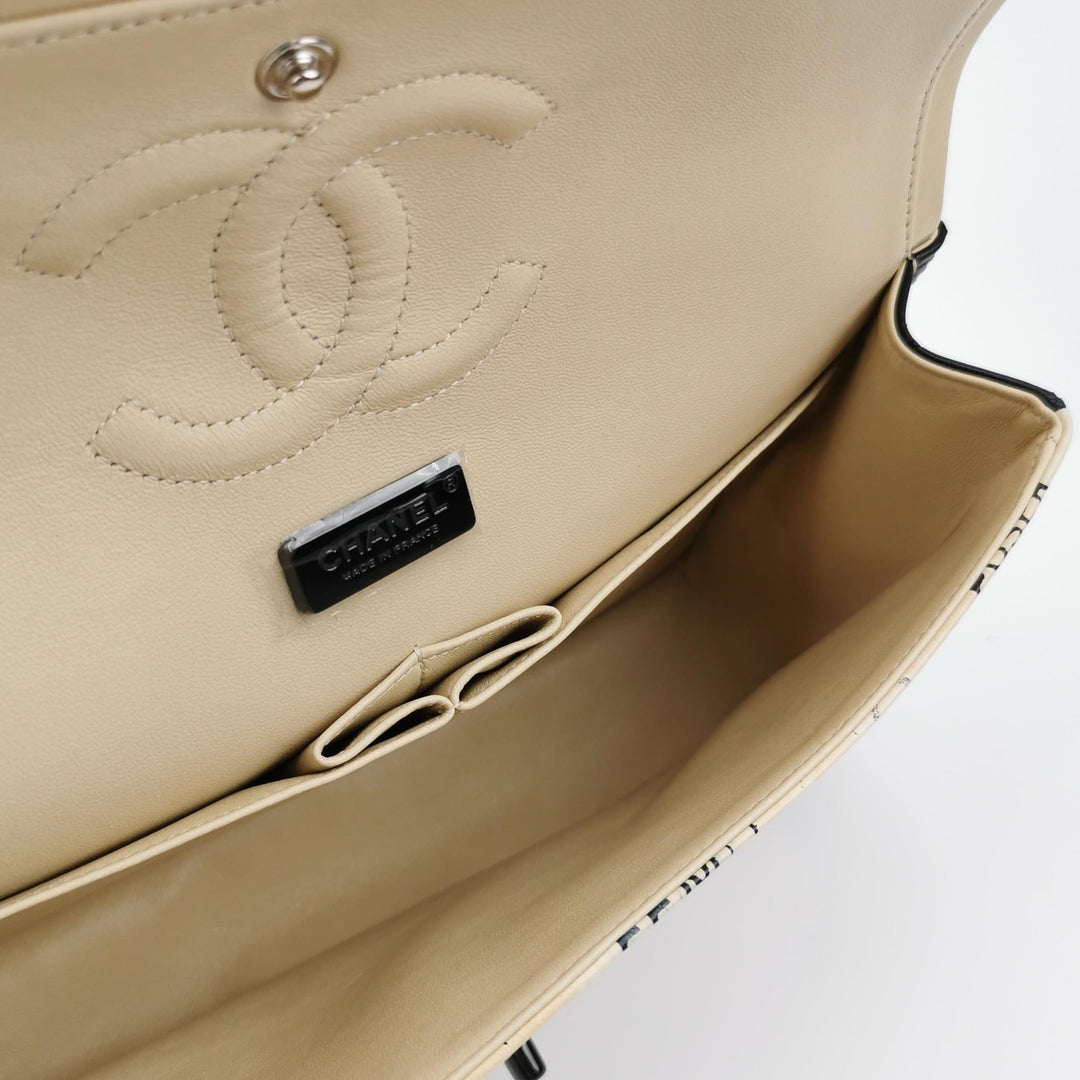 Chanel Medium Double Flap In Beige and Black Lambskin Newspaper Print Black Hardware