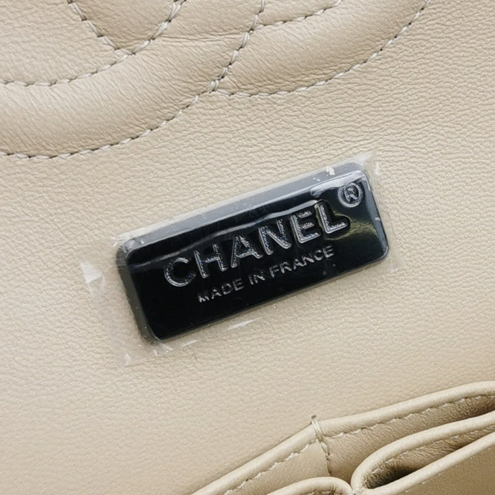 Chanel Medium Double Flap In Beige and Black Lambskin Newspaper Print Black Hardware