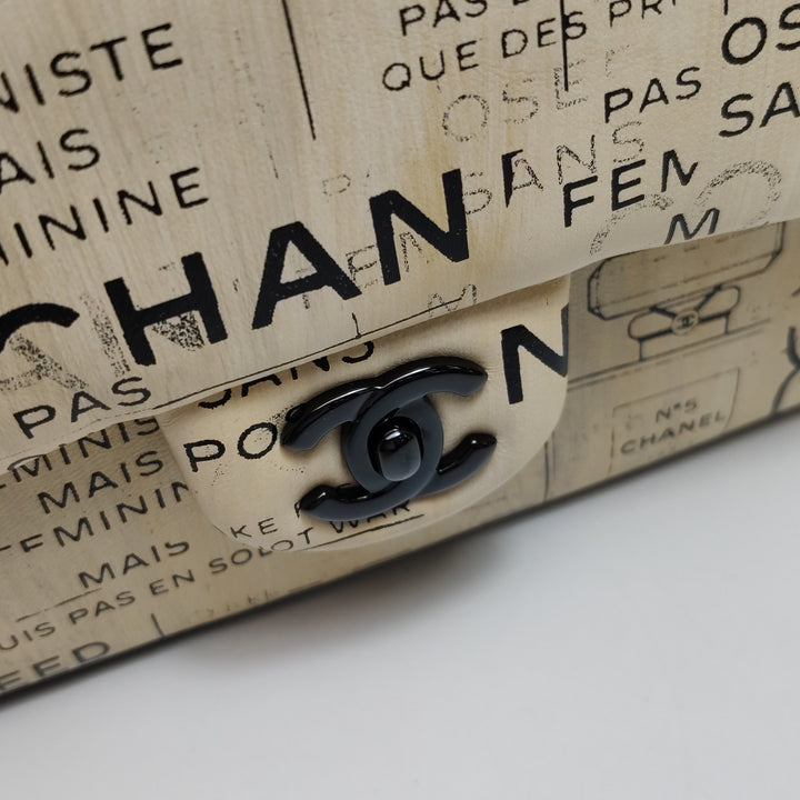 Chanel Medium Double Flap In Beige and Black Lambskin Newspaper Print Black Hardware