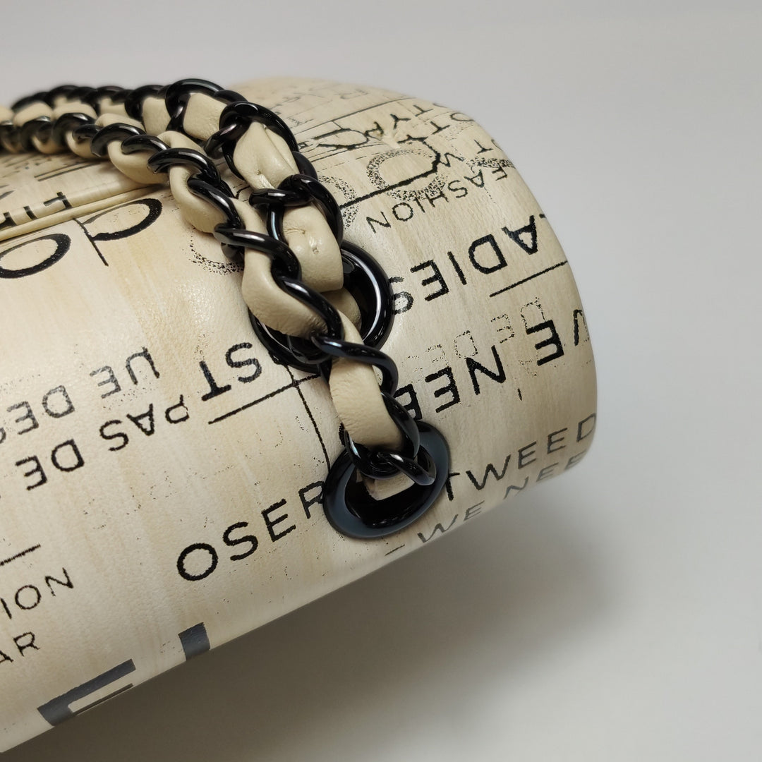 Chanel Medium Double Flap In Beige and Black Lambskin Newspaper Print Black Hardware