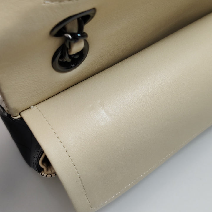 Chanel Medium Double Flap In Beige and Black Lambskin Newspaper Print Black Hardware