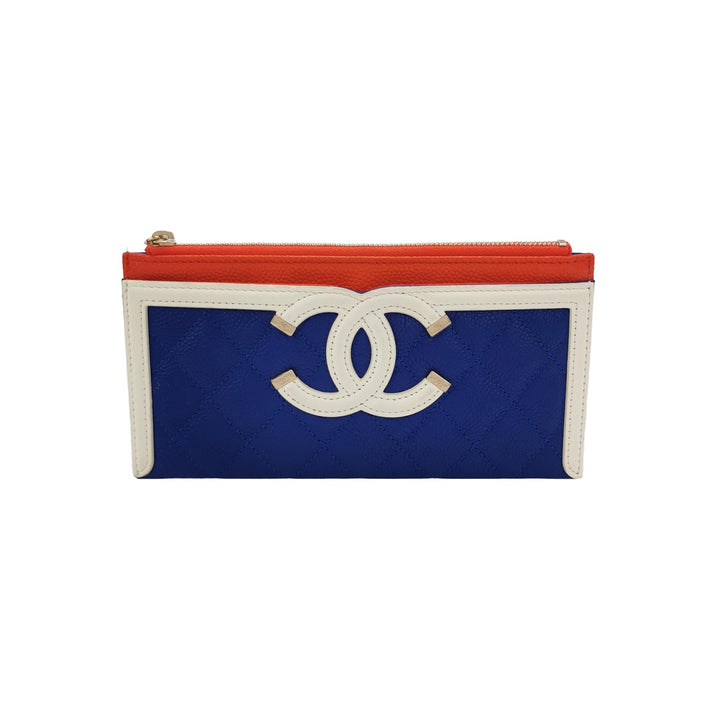 Chanel Caviar Quilted CC Filigree Long Wallet Blue Red White
