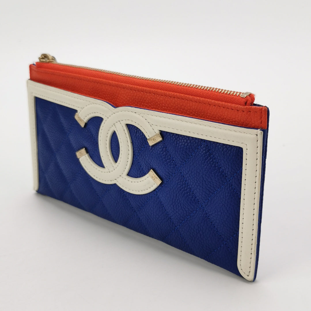 Chanel Caviar Quilted CC Filigree Long Wallet Blue Red White