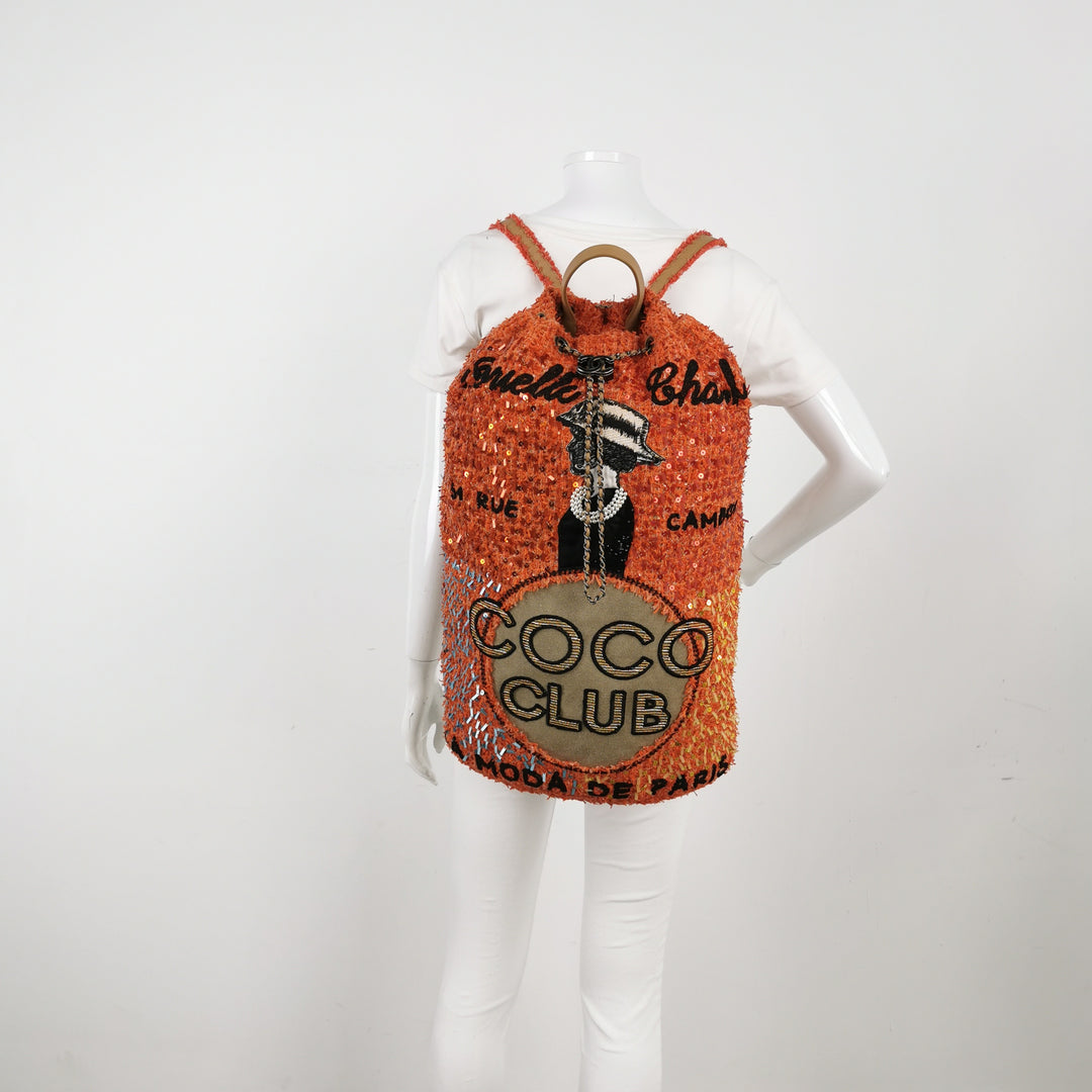 Chanel Cubano Trip Backpack In Orange Coral Tweed Sequins Embroidered