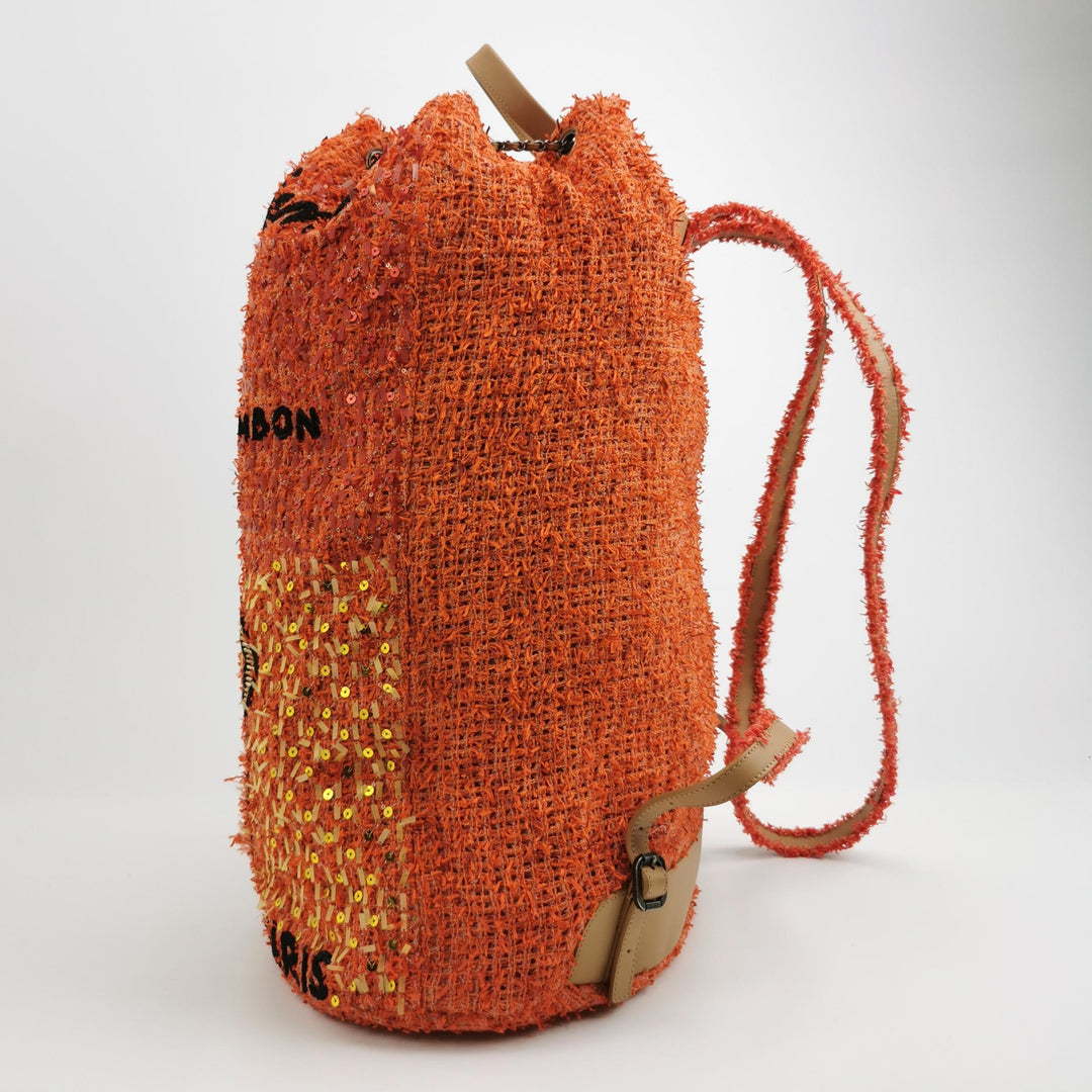 Chanel Cubano Trip Backpack In Orange Coral Tweed Sequins Embroidered