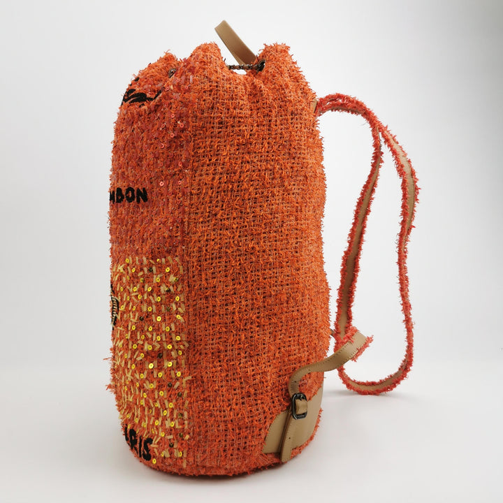 Chanel Cubano Trip Backpack In Orange Coral Tweed Sequins Embroidered