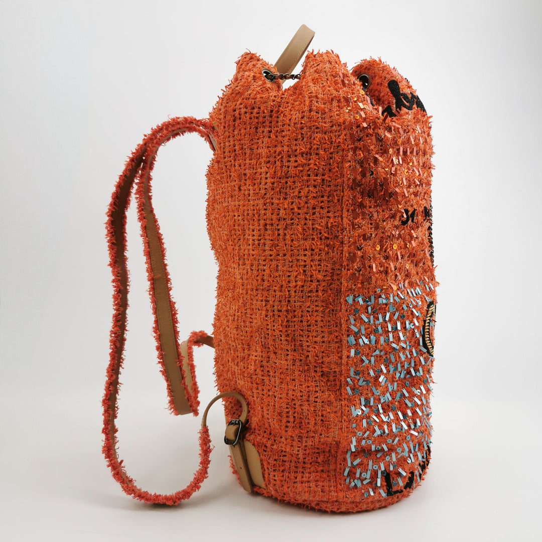 Chanel Cubano Trip Backpack In Orange Coral Tweed Sequins Embroidered