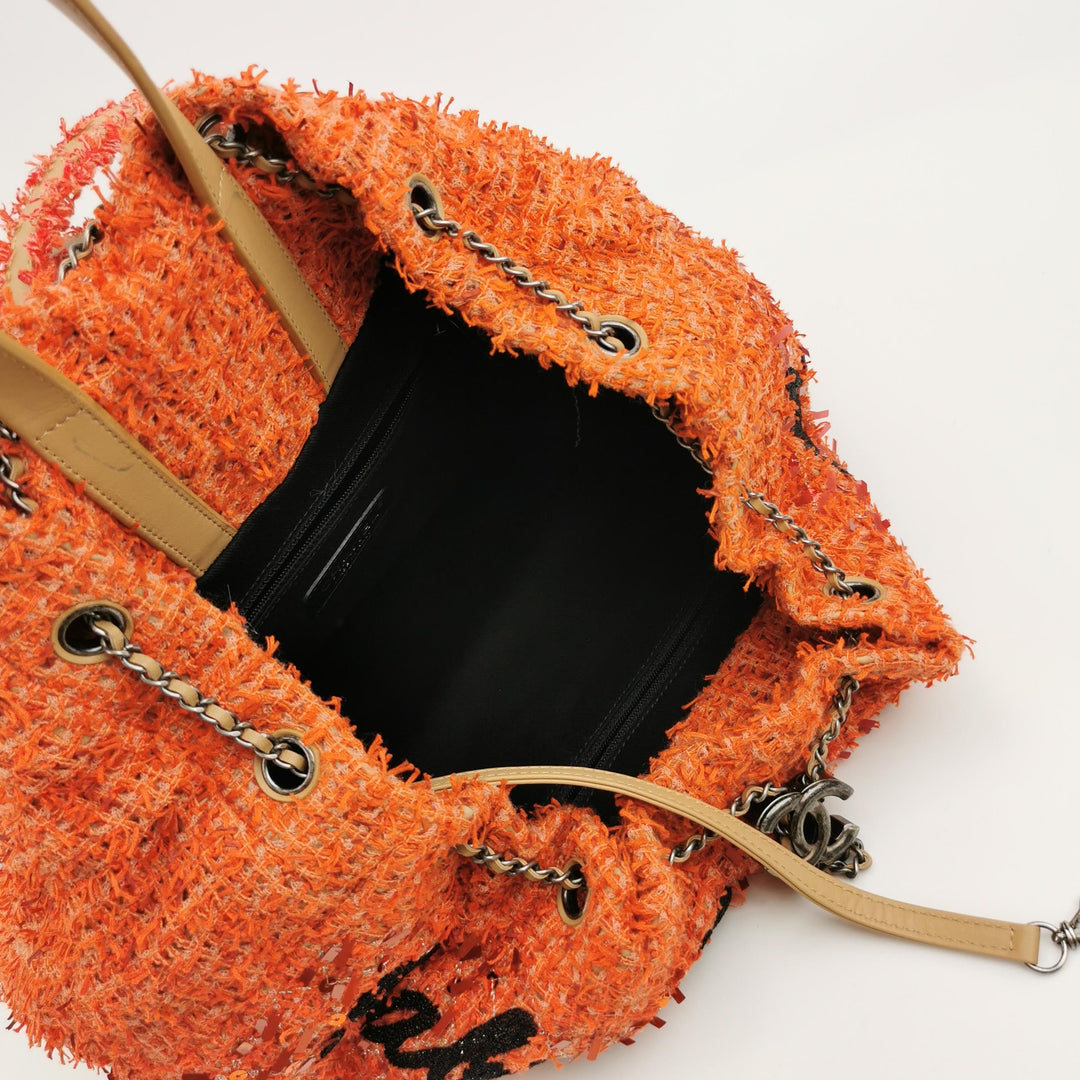 Chanel Cubano Trip Backpack In Orange Coral Tweed Sequins Embroidered