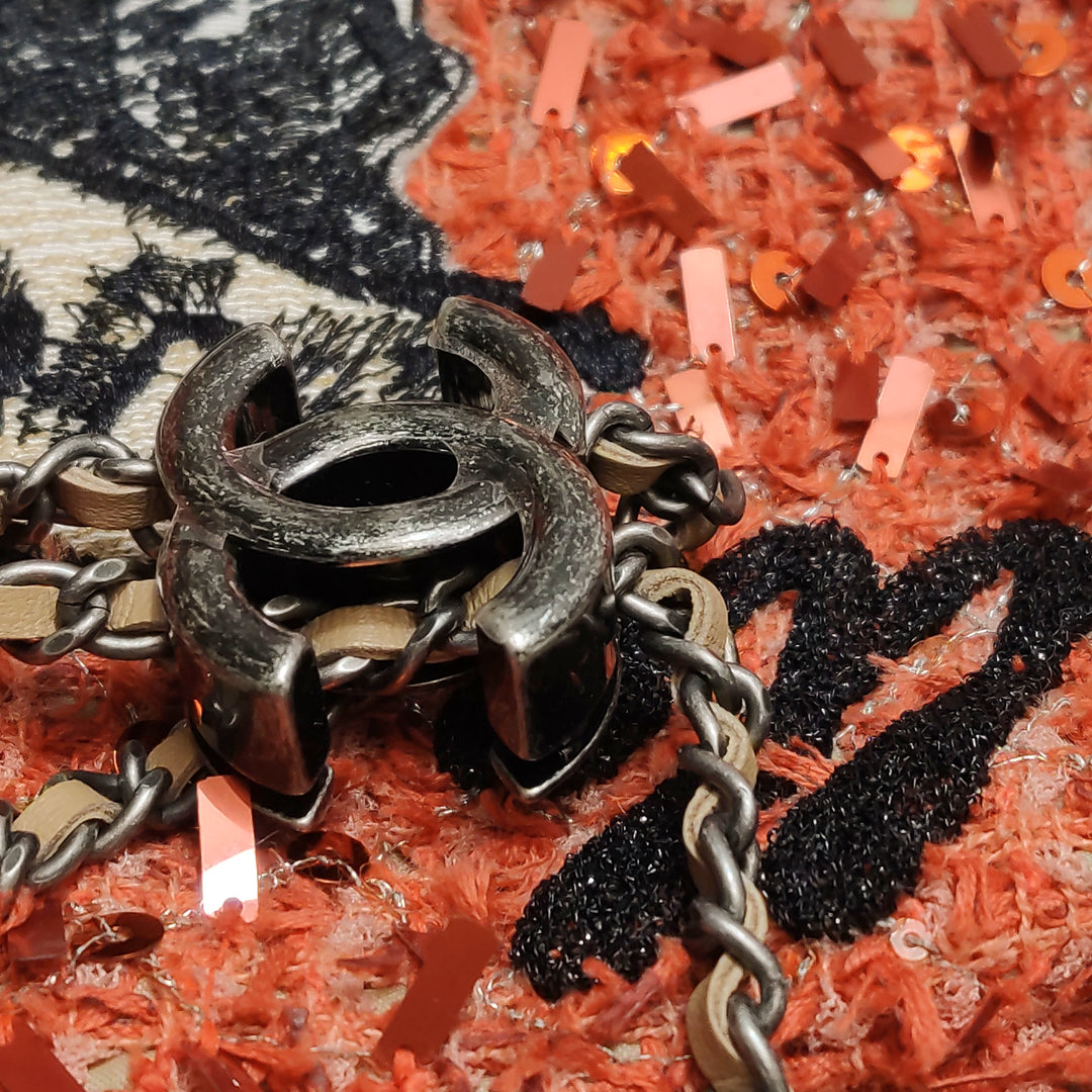 Chanel Cubano Trip Backpack In Orange Coral Tweed Sequins Embroidered